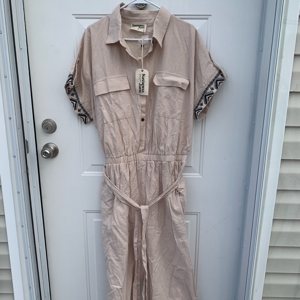 Savanna Jane Light Tan Wide Leg Jumpsuit